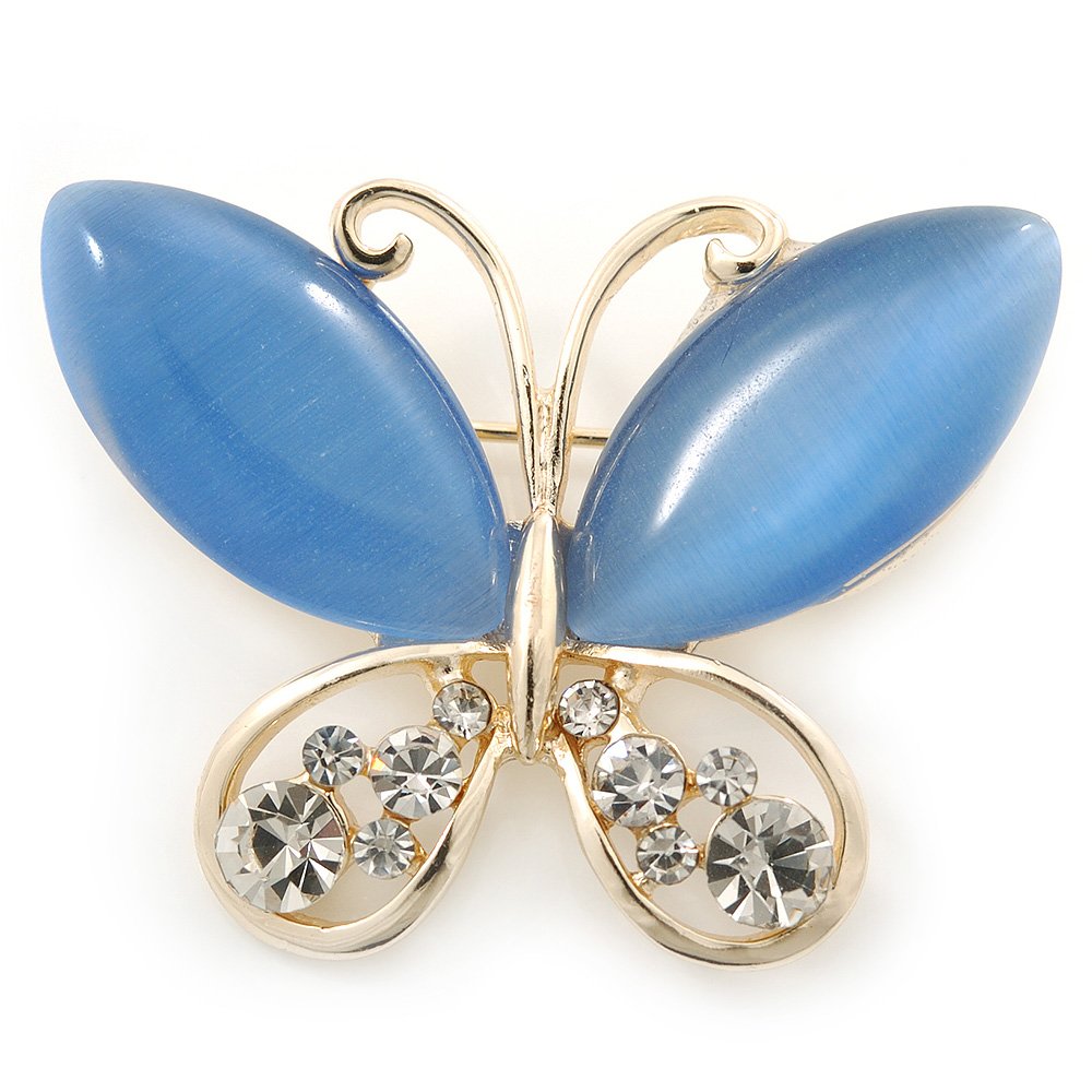 Cobalt Blue Cat's Eye Stone/Diamante Butterfly Brooch In Gold Plating - 40mm Width