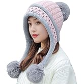 HUAMULAN Women Winter Beanie Hat Earflap Peruvian Warm Slouchy Fleece Lined 3 Pom Poms Knit Sherpa Soft Ski Hats