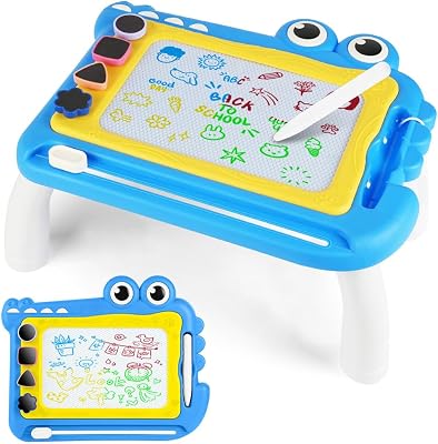Ardoise Magique Enfant, Jouet Bebe 1-5 Ans Planche à Dessin Magnétique à 4 Couleurs avec Stylo et 4 Tampons, Tableau Magnétique Effaçable Jouet Éducatif pour Filles Garçons, Crocodile Bleu