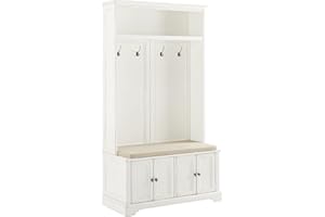 Crosley Furniture Holbrook Hall Tree with Shoe Rack Bench and Coat Hooks for Hanging Storage, Distressed White