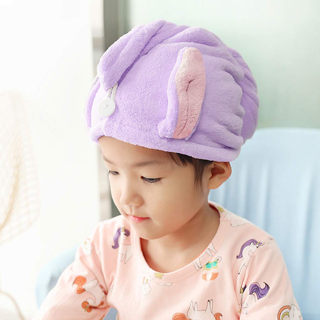 Girls' Super Absorbent Velvet Wet Hair Dry Turban Wrap Quick Dry Head Towel Cap Hat for Bathing Shower Washing Spa Towel for Kids (Purple A)