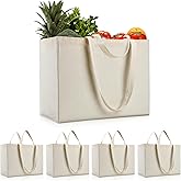 OKBA 5PCS Reusable Grocery Bags with Long Shoulder Straps and Short Handles,Inside Pocket.Large Canvas Shopping Bag