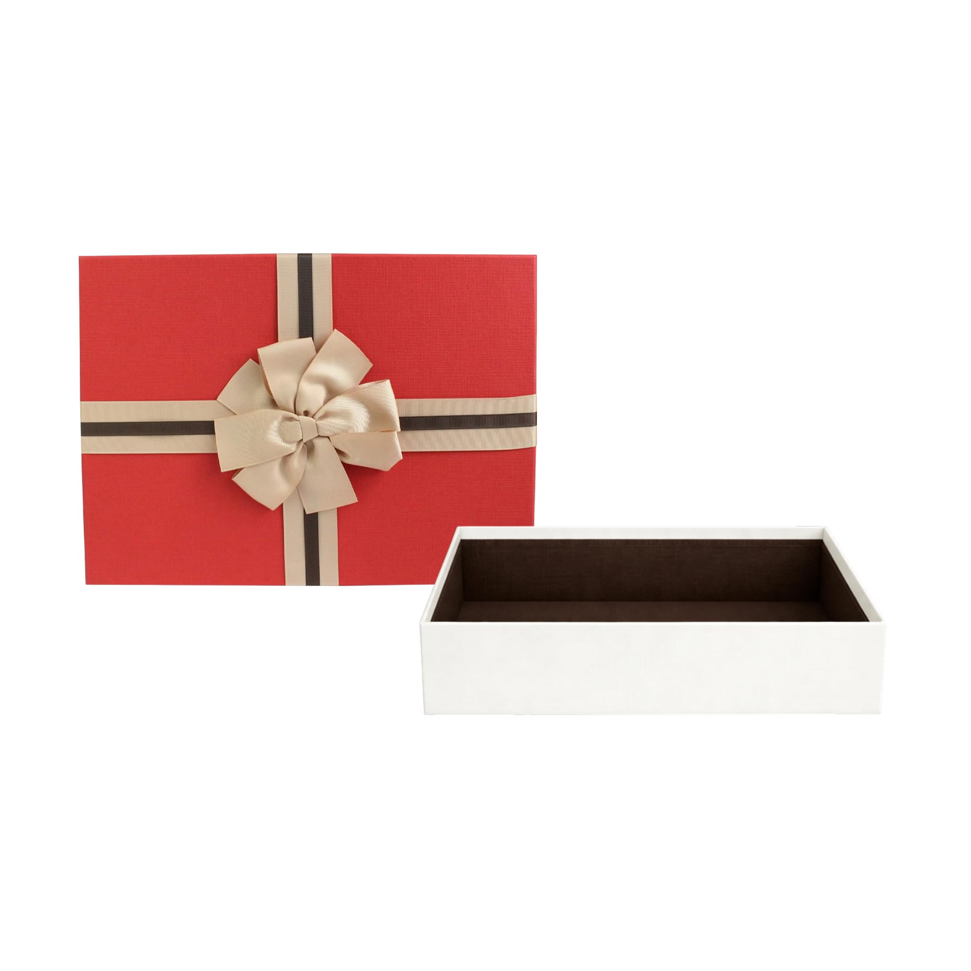 Emartbuy Cream/Red Rigid Gift Box with Ribbon – 33.5 x 25 x 11.5 cm – Luxury Cardboard Presentation Box|Premium Packaging for Hampers, Bridesmaid Gifts, Birthdays, Weddings, Corporate Gifting