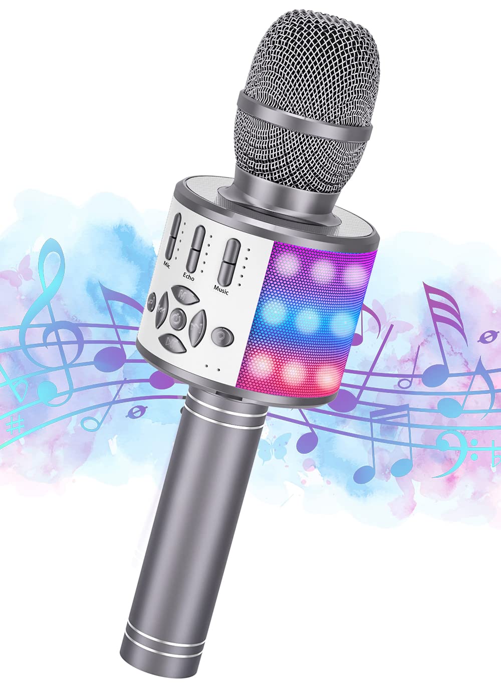 Ankuka Wireless Karaoke Microphone, Bluetooth Microphone Karaoke Machine Home KTV Player Gift Kids for Android/iOS with Recording Function, Dancing Lights, Magic Sounds, Grey