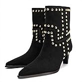 BANGTEUO Womens Suede Studded Kitten Heel Ankle Boots Fashion Pointed Toe Pull On Low Heel Mid-Calf Booties For Party Prom Dressy Dating