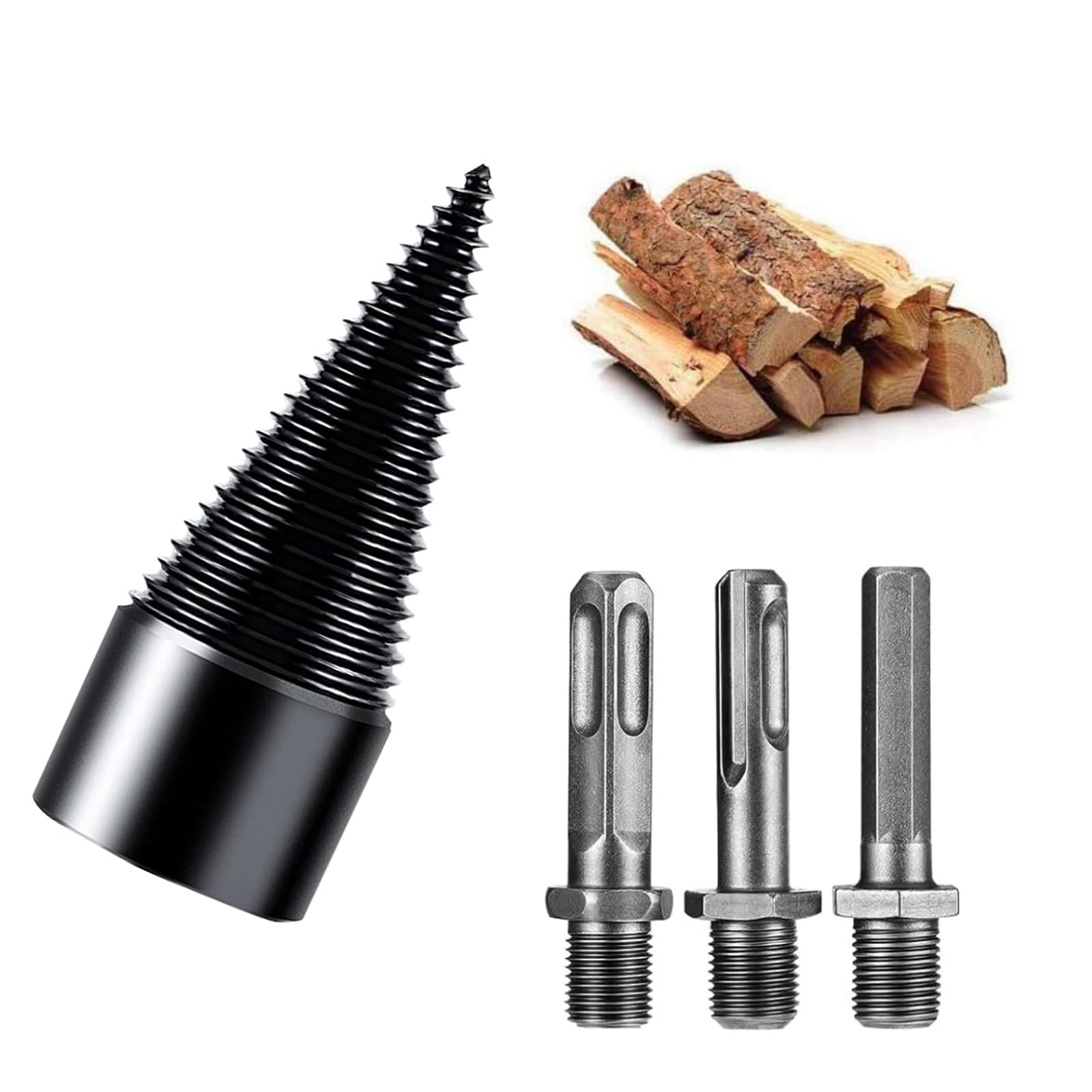 WEDAMOO Wood Splitter Drill Bit, 42mm Heavy Duty Log Wood Splitting Tool with 3pcs Handles, Firewood Drill Bit