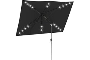 Outsunny 6.5x10ft Patio Umbrella Rectangle Solar Powered Tilt Aluminum Outdoor Market Parasol with LEDs Crank (Black)