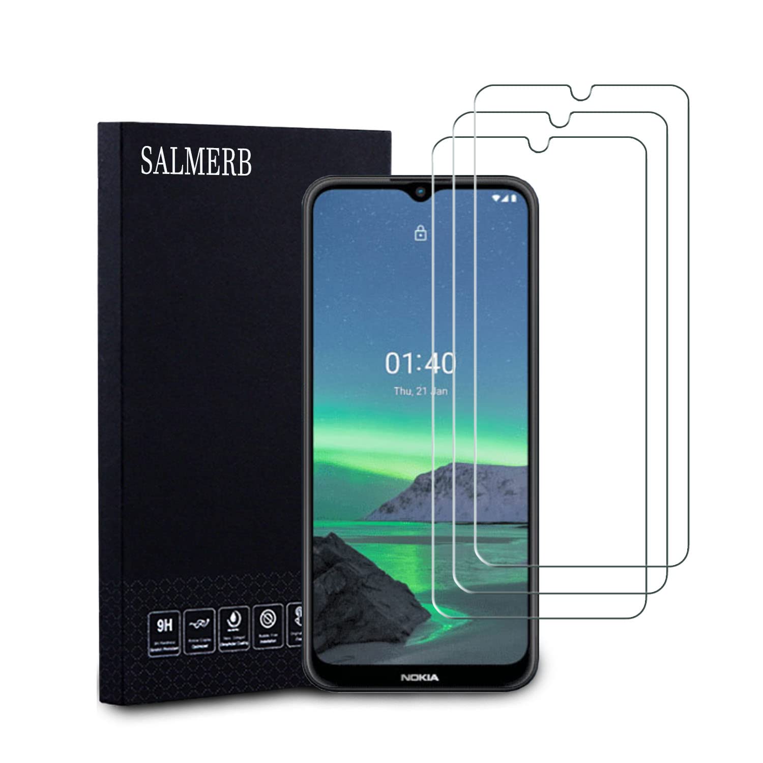 SALMERB Nokia 1.4 Screen Protectors (3 Pack), 9H Tempered Glass Film for Nokia 1.4 Anti-Scratch Anti-Fingerprint Glass Screen Protectors Zero Bubbles Ultra-clear 99.99%