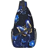 COFEIYISI Blue Butterfly Sling Bag Crossbody Backpack for Men Women Beautiful Night Landscape with Starry Sky Butterflies Flowers and Moon Chest Bag Casual Shoulder Backpack Travel Hiking Daypack