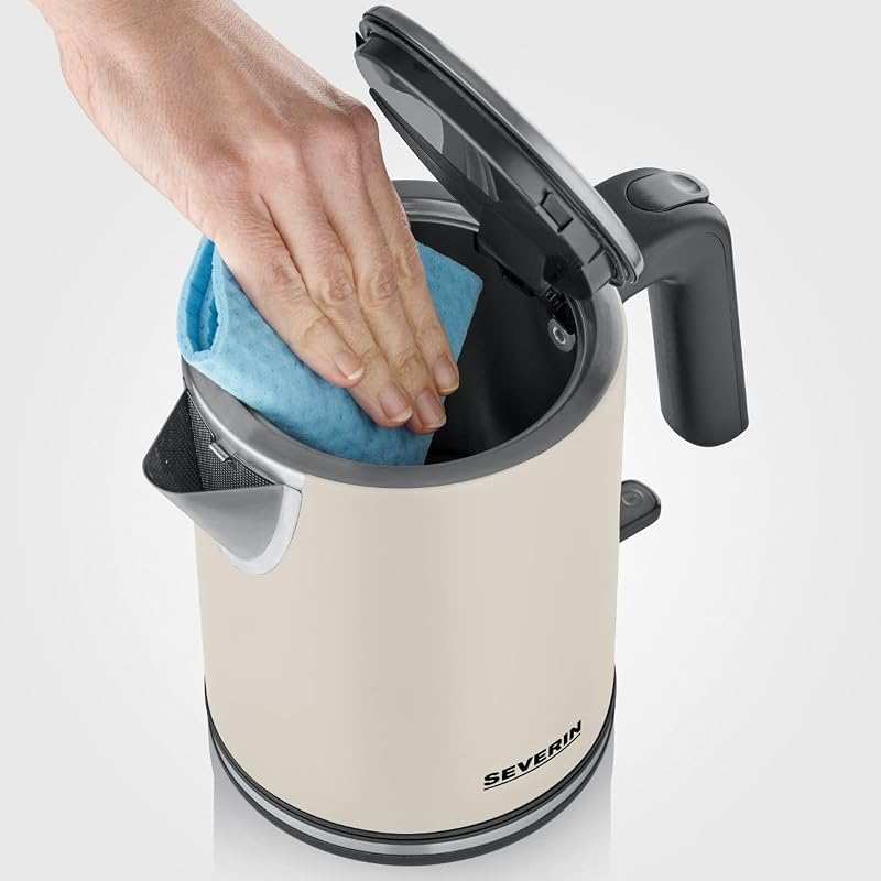 Bouilloire compacte électrique 1 L, Filtre anticalcaire amovible, Ouverture XXL, Ébullition rapide Base à 360°, Niveau d’Eau Visible, inox, Beige, 2400 W, WK 9577