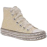 Womens High-Top Canvas Sneakers Studded Rhinestone Side Shoes Lace Up Fashion Shoes Casual Platform Ankle Boots