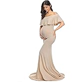 Glampunch Womens Off Shoulder Maternity Dress Ruffles Elegant Slim Gowns Fit Maxi Photography Dress