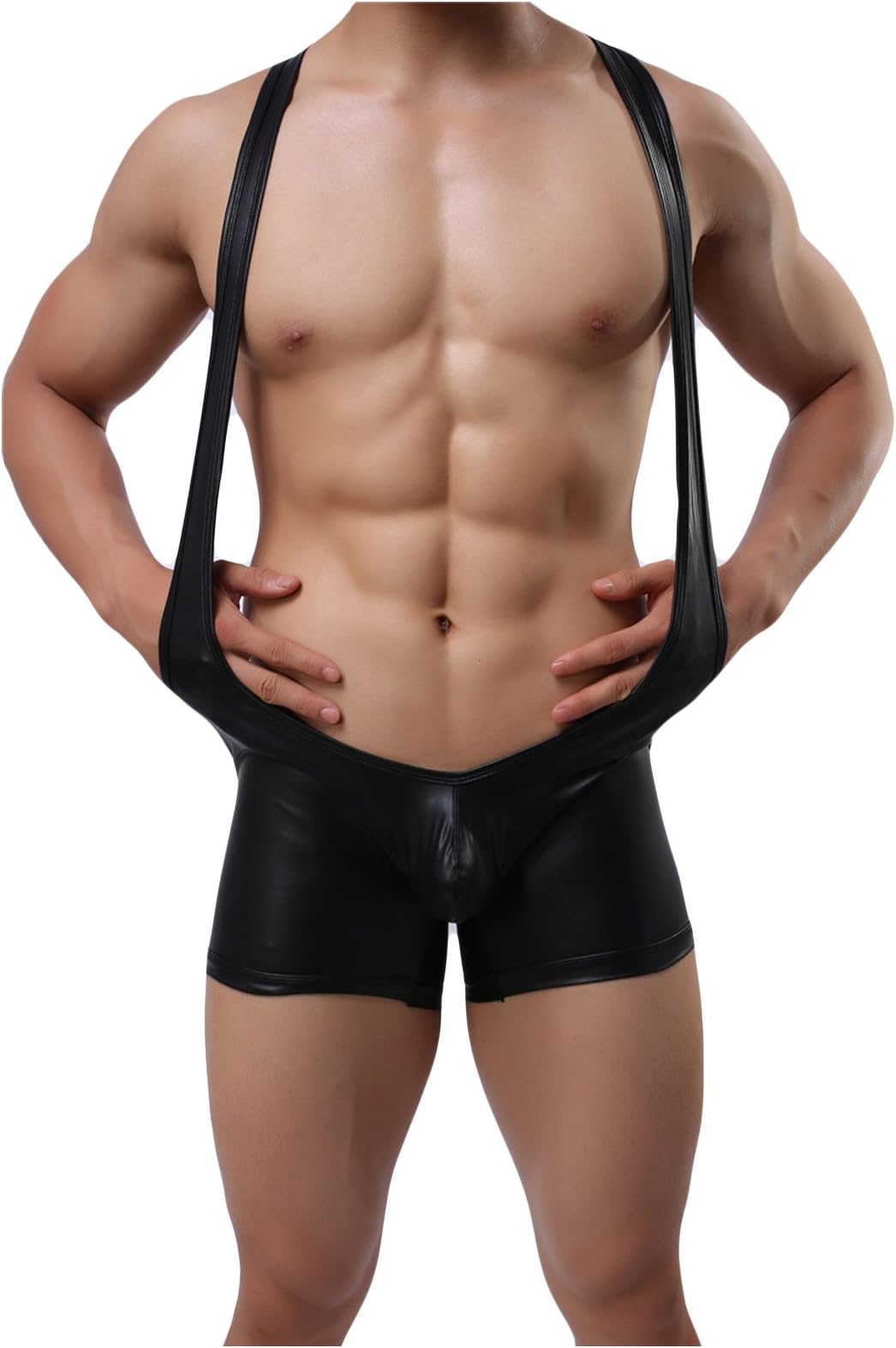 Mens Boxer Faux Leather Suspenders Bodysuit Wrestling Singlet