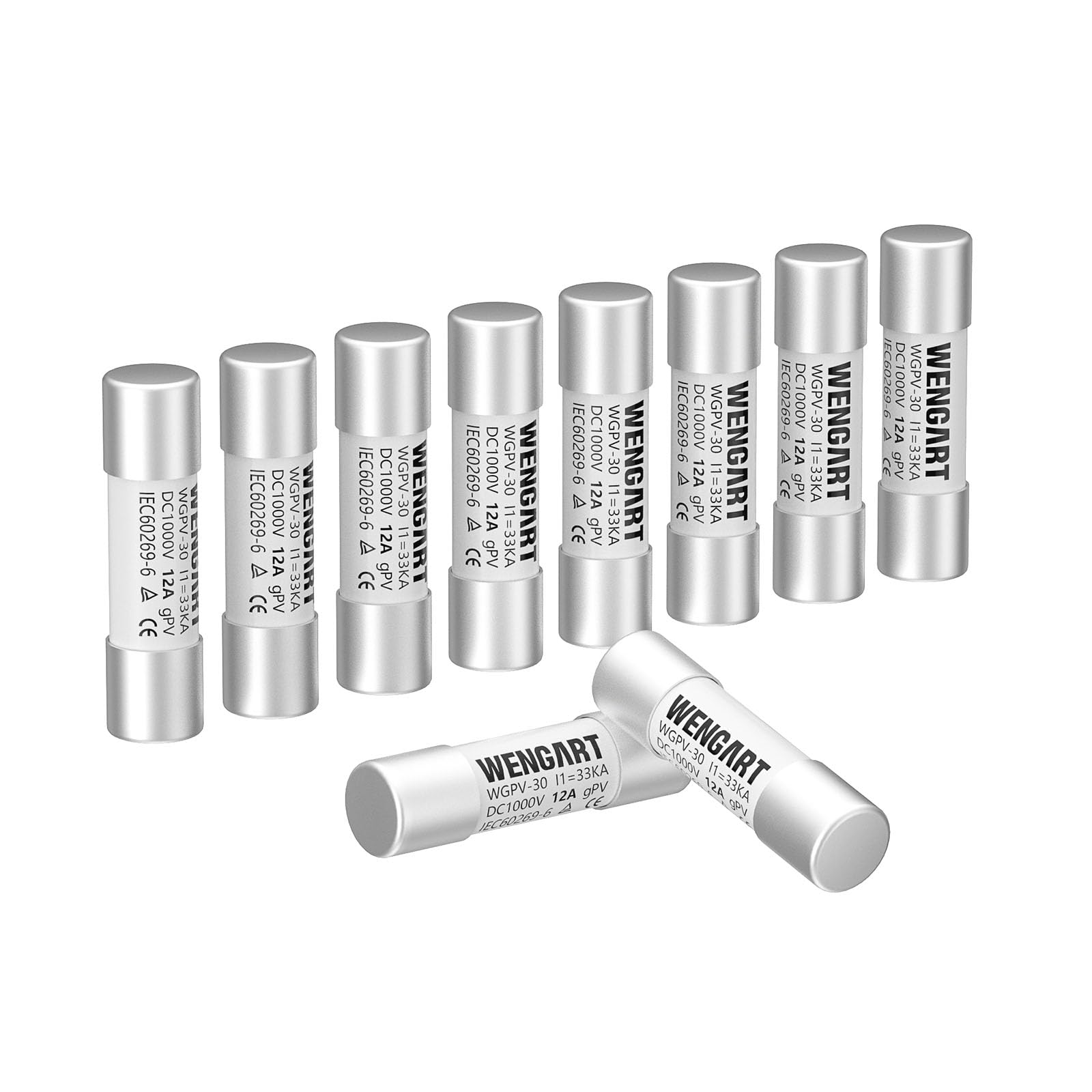 Wengart Solar Fuses WGPV-30,Fast Photovoltaic Fuses for Solar Photovoltaic Applications,DC1000V 12Amp,10x38mm,I133kA,10pcs