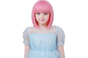 YTbeauty Kids Wig Pink Bob Wig with Bangs Short Straight Wigs for Girls Heat Resistant Synthetic Mia Wallace Cleopatra Costume Cospaly Daily Party Use (Pink)