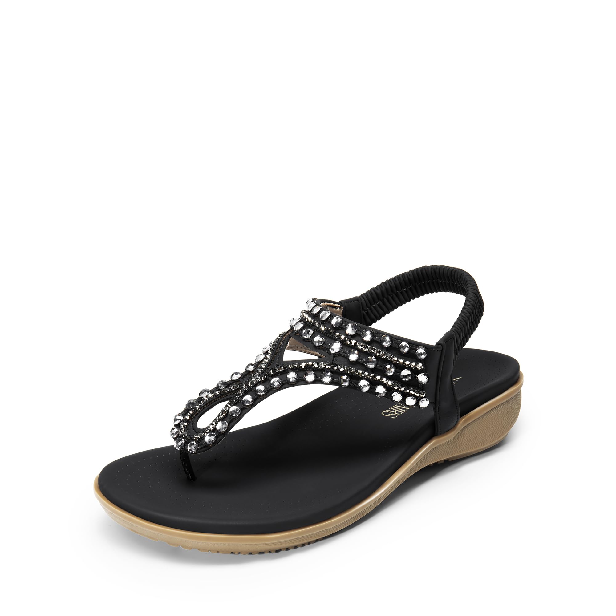 Photo 1 of DREAM PAIRS Women's Comfortable Dressy Flat Sandals Rhinestone Elastic T-Strap Thong Sandals for Summer Beach,Size 9,Black,SDFS2418W