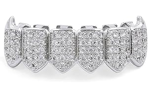 JINAO 18K Gold Plated Iced Out CZ Grillz Fang Top Bottom Mouth Teeth Grills Set for Men Women