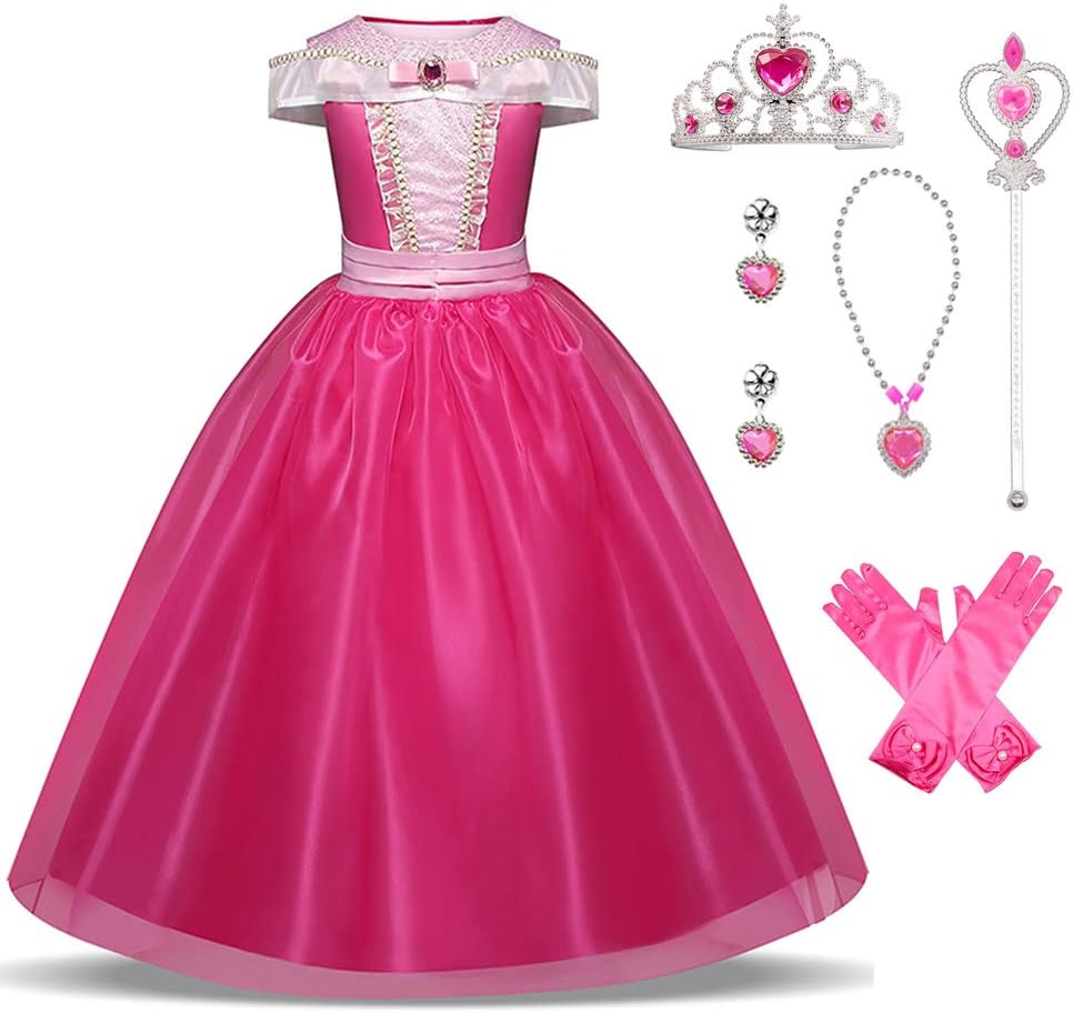 Girls Princess Pink Costume Drop Shoulder Halloween Party Long Dress
