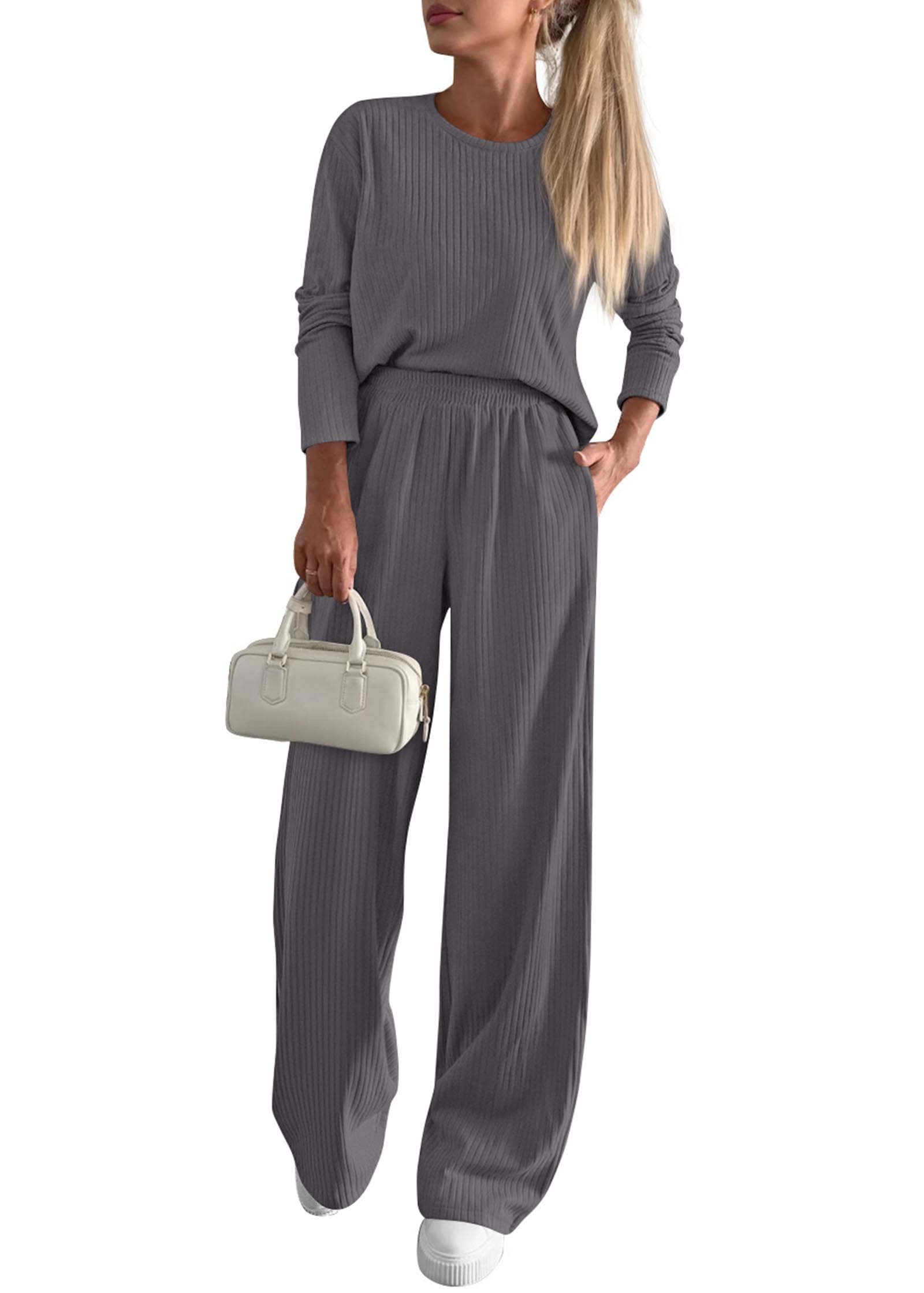 Photo 1 of KIRUNDO Fall 2 Piece Lounge Sets for Women Long Sleeve Ribbed Knit Tops Wide Leg Pants Matching Travel Outfits Postpartum(Dark Grey, Large)