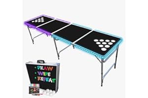 PartyPong 8-Foot Black Dry Erase Beer Pong Table w/Cup Holes, LED Glow Lights, Erasable Markers & Pong Balls