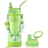 Mininoo Kids Water Bottle for School - 16 oz Stainless Steel Insulated Water Bottle with Ceramic-Lined, Leakproof Straw Lid & Beaded Handle for Girls & Boys