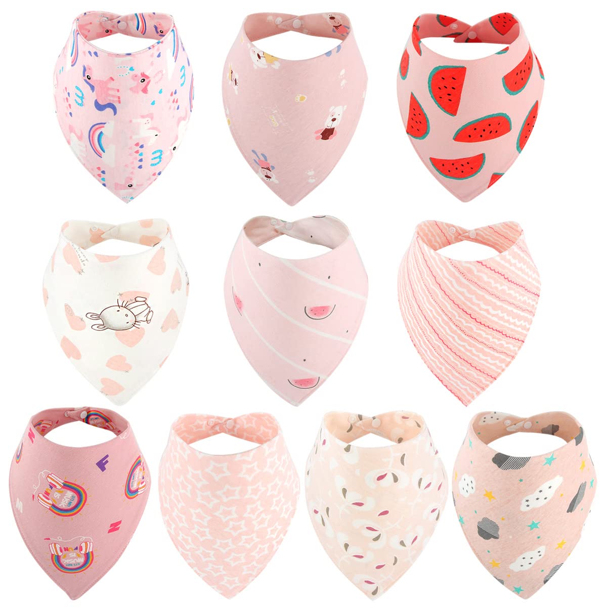 Discoball Lovely Baby Bandana Dribble Bibs for Drooling and Teething - 10 Pack Super Soft and Absorbent Drool Bibs with Adjustable Snaps for Toddlers (Pink)