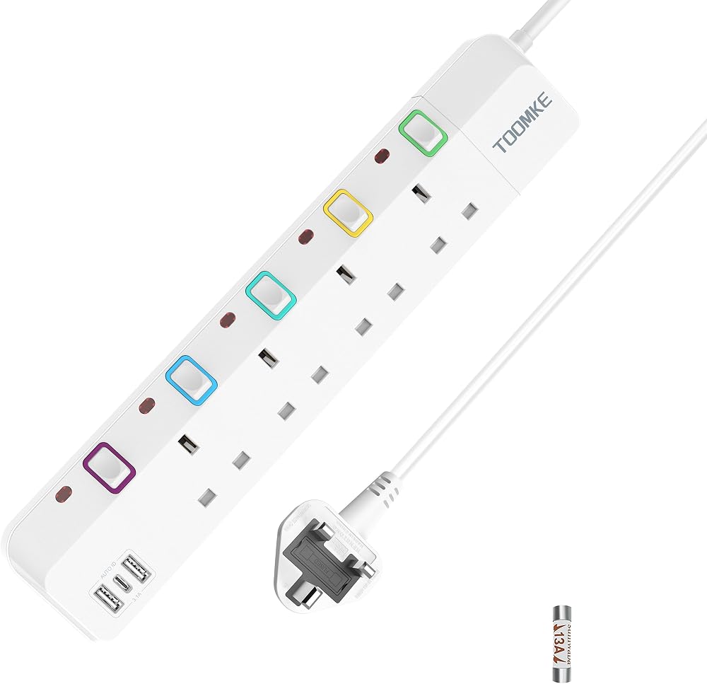 Toomke Extension Lead USB 4 Way UK Plug 2x USB-A 1x USB-C 1.5m 13A