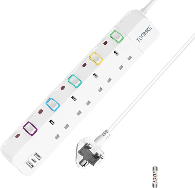 Toomke Extension Lead USB 4 Way UK Plug 2x USB-A 1x USB-C 1.5m 13A
