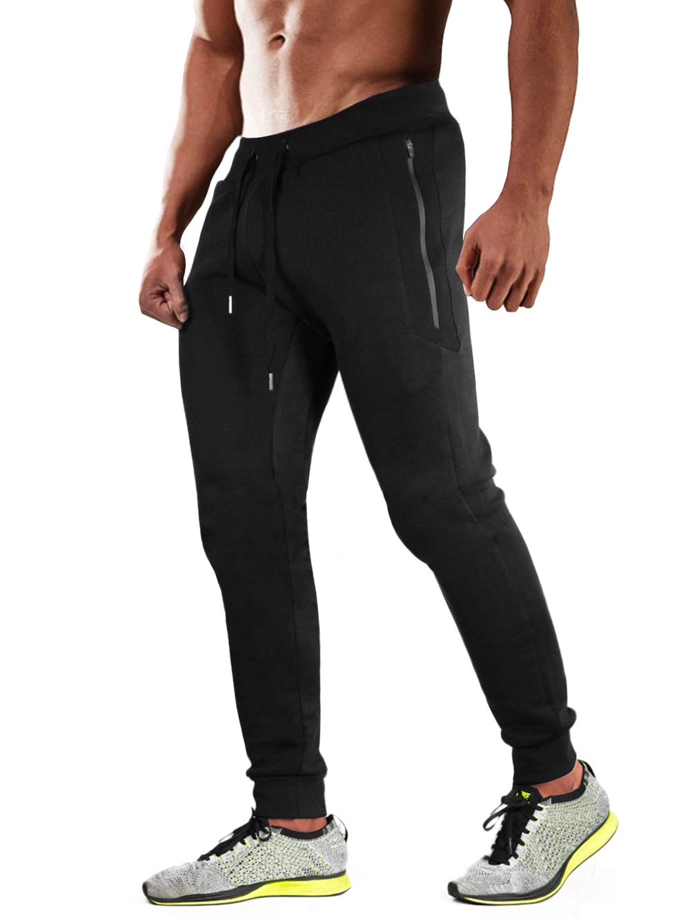 BnokifinMen's Cotton Gym Joggers Workout Running Pants Slim Fit Mesh Sweatpants with 3 Zipper Pockets