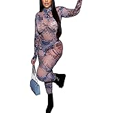 kaimimei Women Floral Print Mesh Bodycon Jumpsuit See Through Backless One Piece Outfits Romper Clubwear