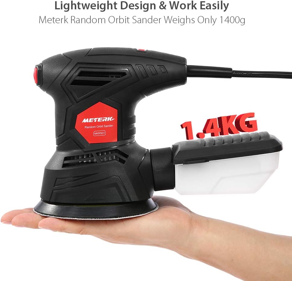 Meterk 5 Inch Random Orbit Sander 2.5A Orbital Sander with 12Pcs Sandpapers, 12000RPM, 6 Variable Speed, Efficient Dust Collector, Ideal for Finishing, Sanding, Polishing Wood - - 