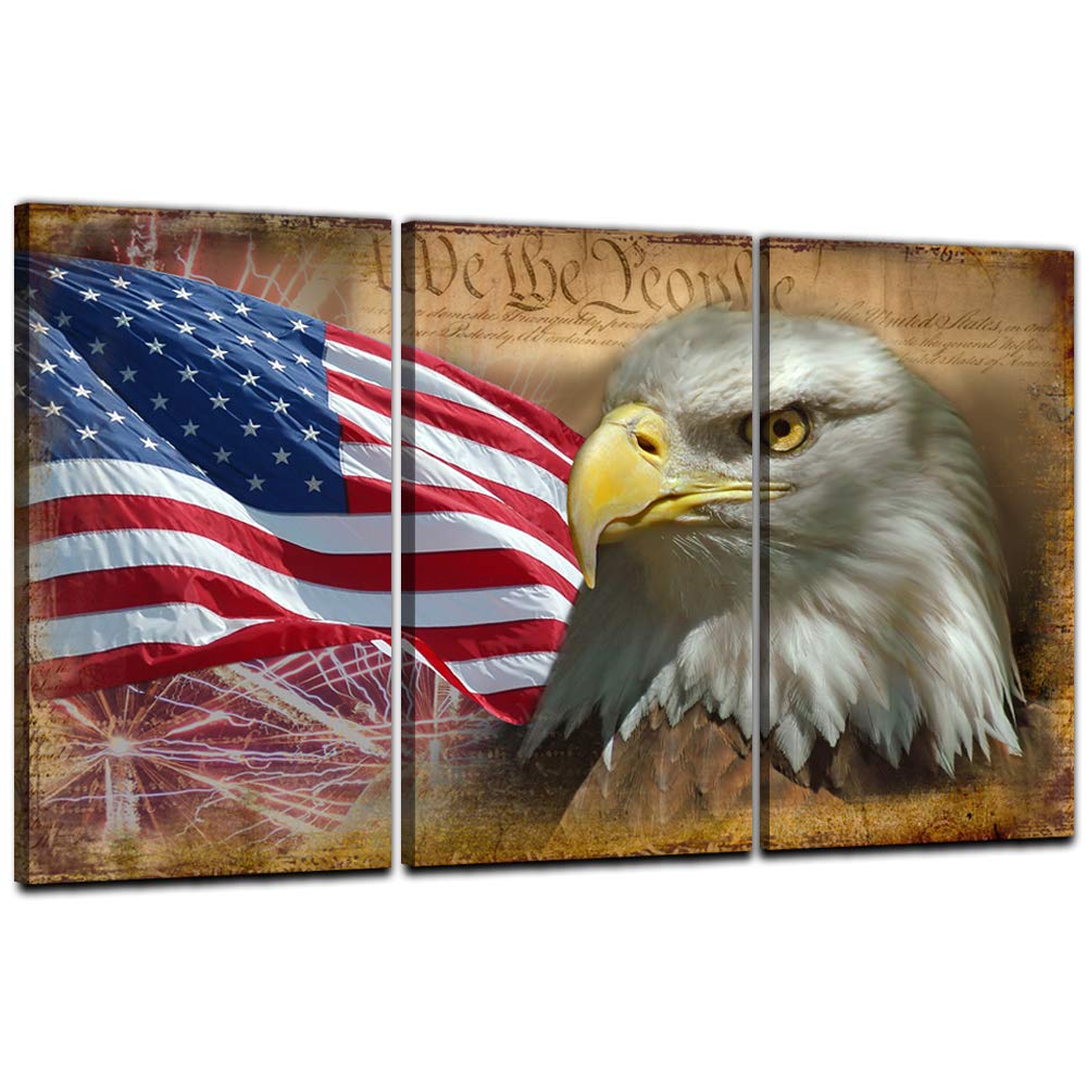 Eavuty Bald Eagle Wall Art American Flag Wall Decor 3 Panels Usa Flag Posters Morden Artwork Painting Prints Poster Rustic American Us Flag Wall Art Canvas Woodne Framed Stretched Hang 24 Wx16