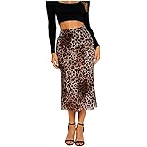 Dynvernal Leopard Print Mesh Midi Skirt for Women Cheetah Elastic High Waisted Bodycon Long Skirts