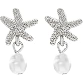 Gold Starfish Pearl Earrings for Women Gold Silver Starfish Stud Earrings Baroque Pearl Dangle Earrings Summer Ocean Jewelry for Women