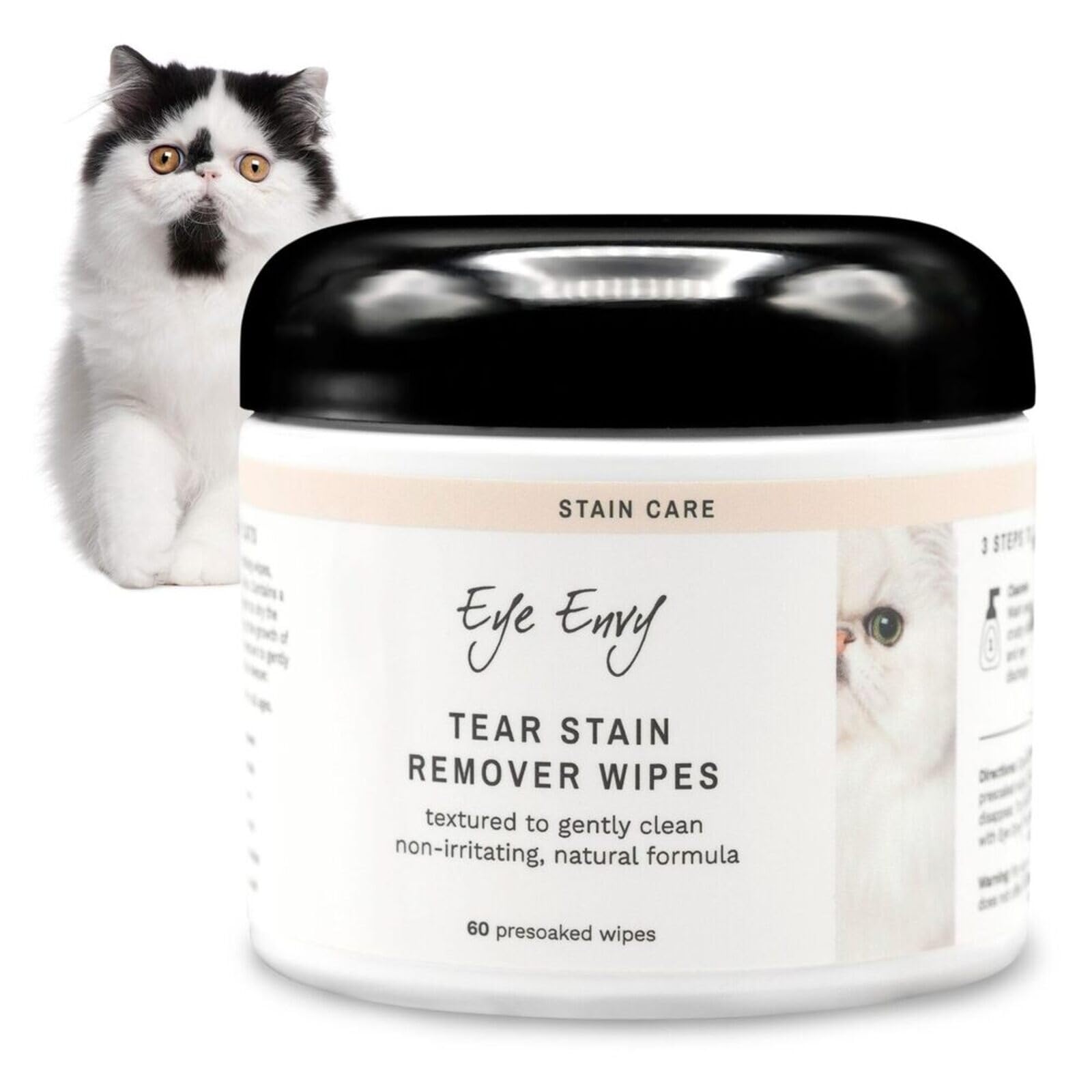 Eye Envy Tear Stain Wipes for Cats | Textured to Gently Clean, Treats The Cause of Staining | 100% Natural Formula | Recommended by Persian & Exotic Breeders, Vets, Groomers | 60 Ct