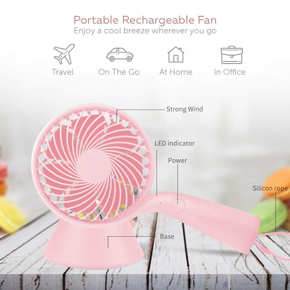 LBTbate Mini Handheld Fan Portable, Hand held Personal Fan Rechargeable Battery Operated Powered Cooling Desktop Electric Fan with Base, 3 Speeds for Home Office Travel Outdoor (Pink)