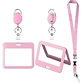 ID Badge Holders and Retractable Reel Clips,Lanyard with Release Buckle, Key Card Holder Nametag Protector for Nurse Women Girl Kid Office Teacher Doctor Student (Pink Horizontal,Double-Sided Clear)