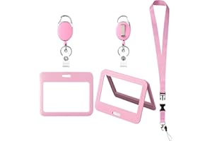 LUCKYCZC ID Badge Holders and Retractable Reel Clips,Lanyard with Release Buckle, Key Card Holder Nametag Protector for Nurse Women Girl Kid Office Teacher Doctor Student (Pink Horizontal,Double-Sided Clear)
