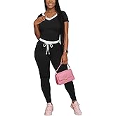 Ulovmi Women's Two Piece Tracksuit Raglan Sleeve Top Jogger Pants Color Block Matching Casual Loungewear Set