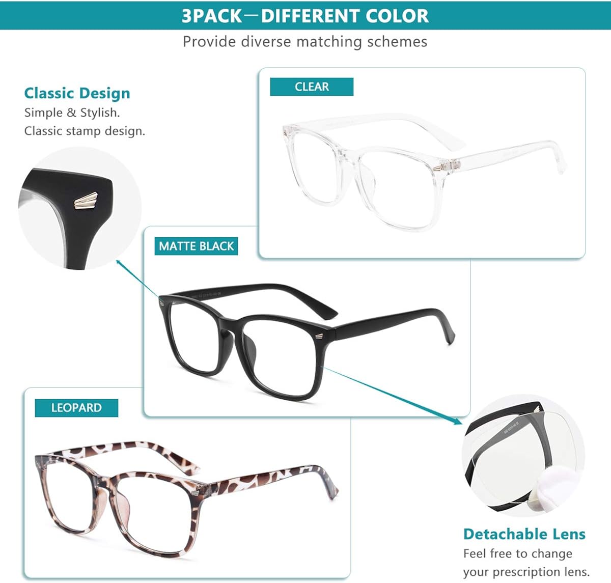 Gaoye 3-Pack Blue Light Blocking Glasses, Fashion Square Fake Nerd Eyewear Anti UV Ray Computer Gaming Eyeglasses Women/Men (Matte Black+Leopard+Transparent): Clothing