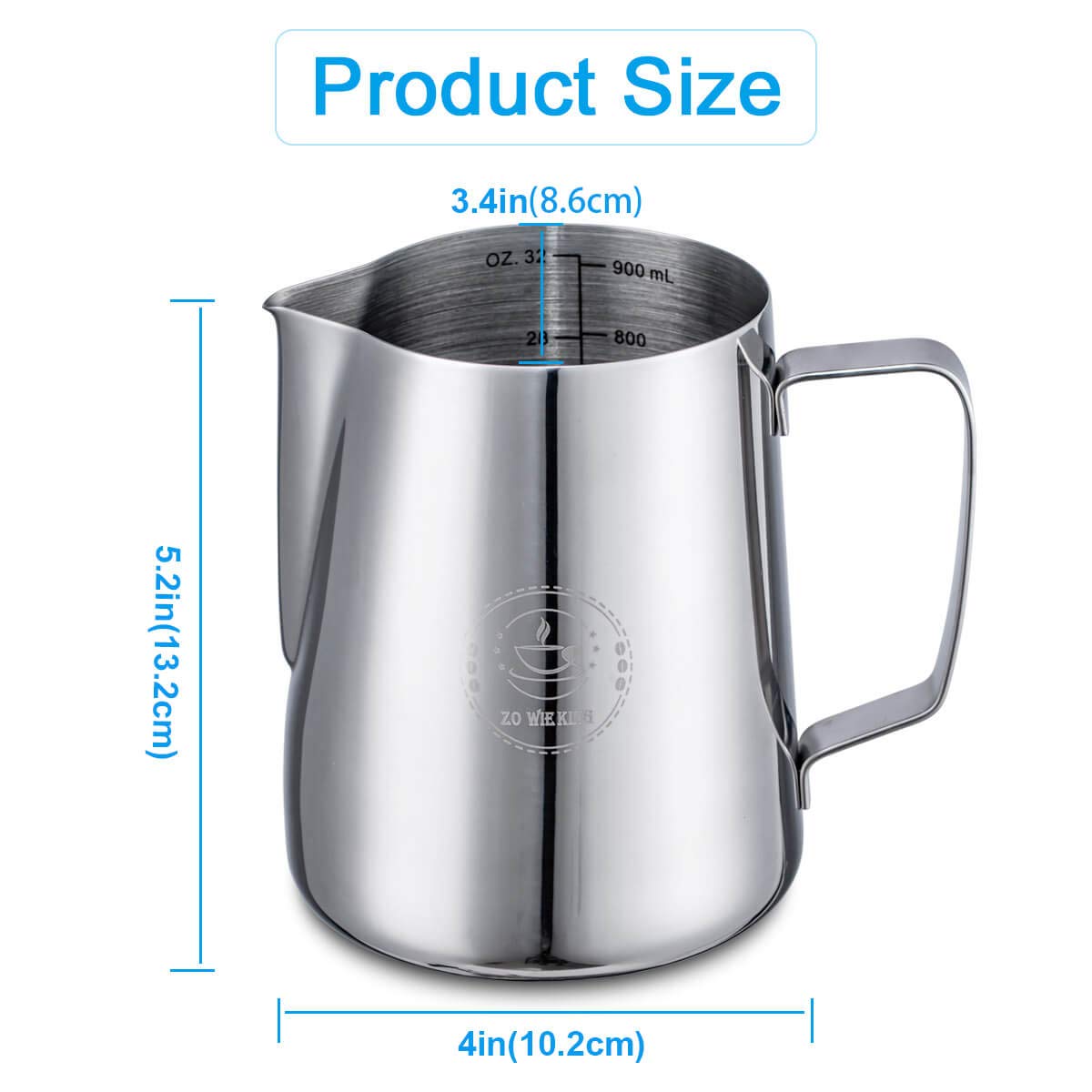 Milk Frothing Pitcher 32oz,Espresso Steaming Pitchers 900ml,Espresso Machine Accessories,Milk Frother Cup 32 Oz,Coffee Cappuccino Latte Art,Stainless Steel Jug