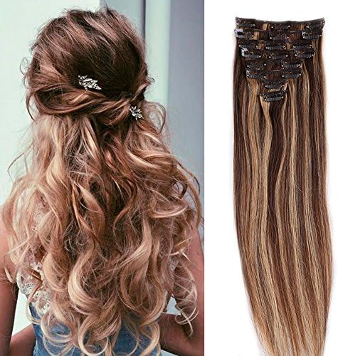 100% Real Remy Clip in Hair Extensions 16-22inch Grade AAAAA Natural Hair Full Head Standard Weft 8 Pieces 18 Clips Long Soft Silky Straight (18" / 18 inch 70g,#4/27 Medium brown mix Dark Blonde)