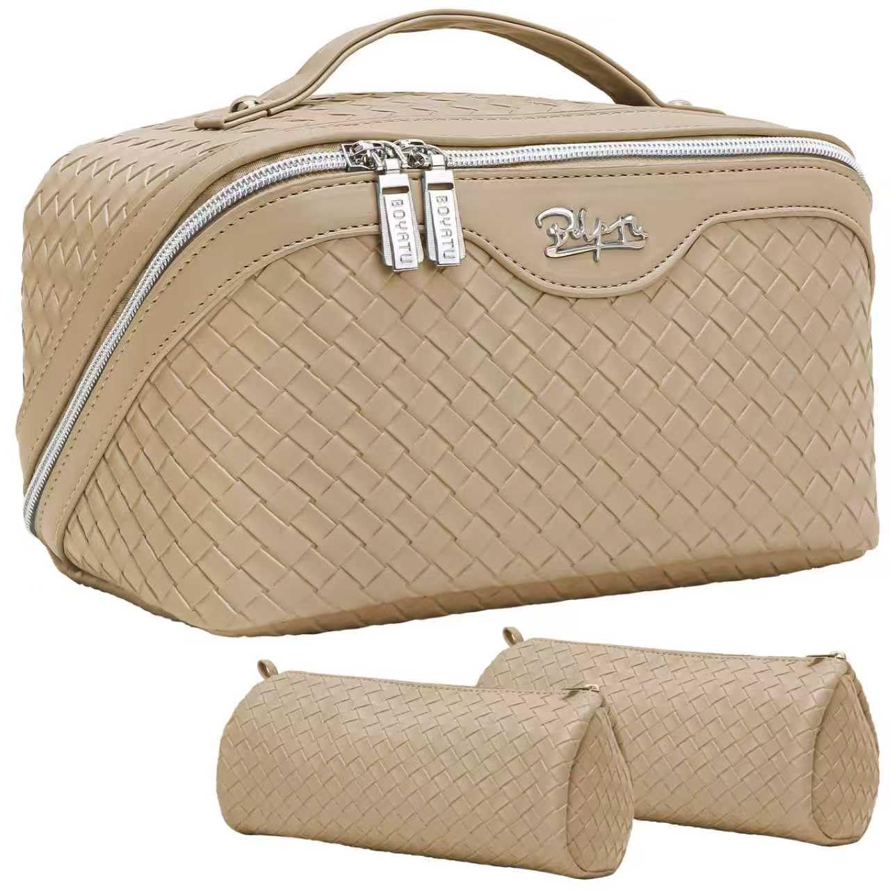 Photo 1 of BOYATU Travel Makeup Bags for Women: Large Cosmetic Bag with Compartments - Vegan Leather Make up Bag Set of 3 - Protable Toiletry Organizer (L07 Apricot)