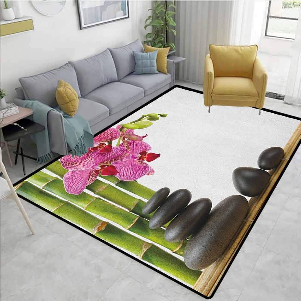 Spa Contemporary Area Rug Large, Beautiful Pink Orchid with Bamboos and Black Hot Stone Massage Image Print, Easy Maintenance Area Rug Living Room Bedroom Carpet(2'x 3') Pink Green and Black