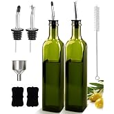 Leaflai Glass Olive Oil Dispenser and Vinegar Dispenser Set with 2 Stainless Steel Pourers, 4 Labels, 1 Brush and 1 Funnel Oil Bottles for Kitchen (500ml)-Green (Olive Green)