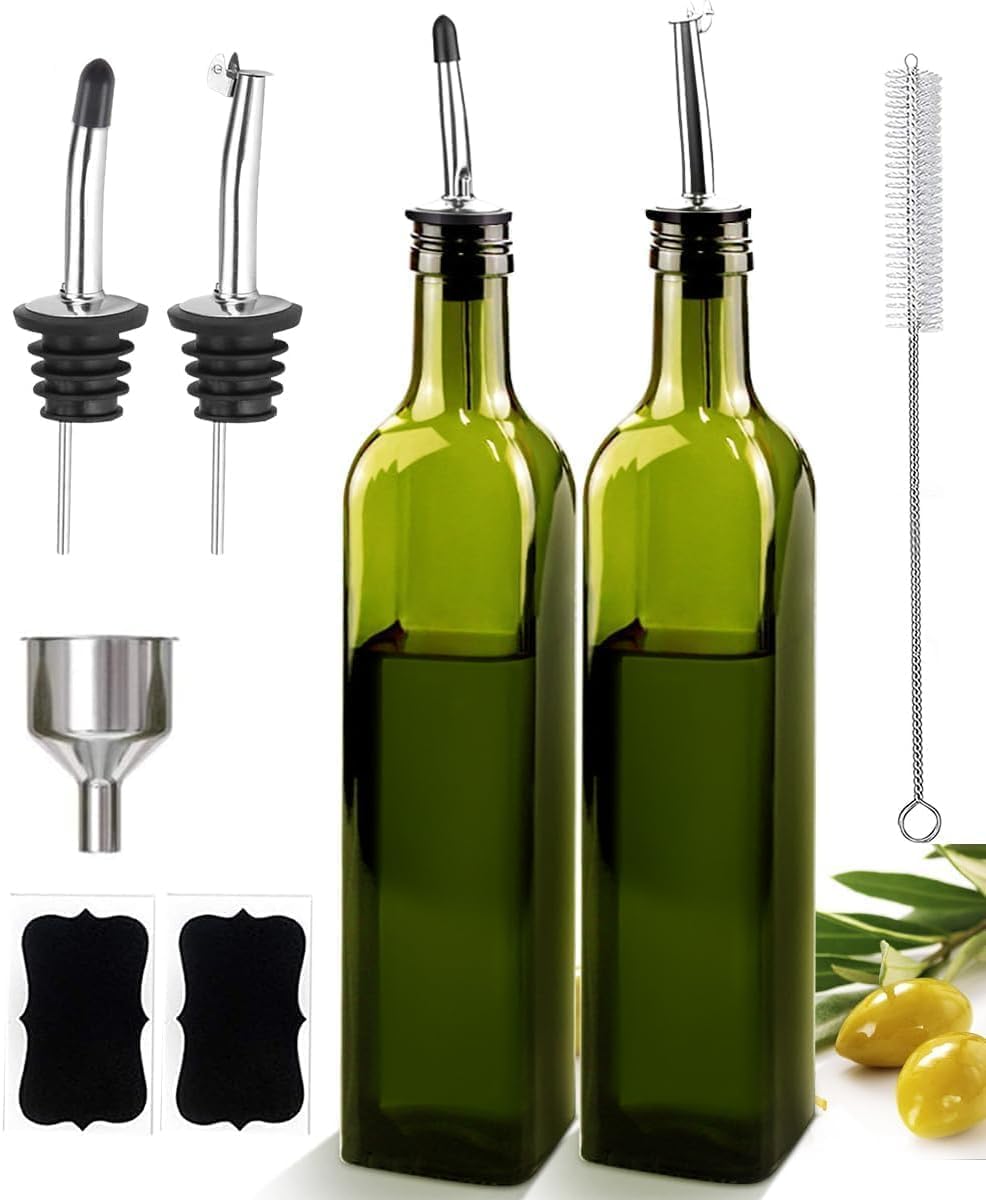 Photo 1 of ***MISSING LIDS -SELLING AS INCOMPLETE PARTS*** 
Glass Olive Oil Dispenser and Vinegar Dispenser Set, 2 Labels, 1 Brush Bottles for Kitchen (500ml)-Green (Olive Green)