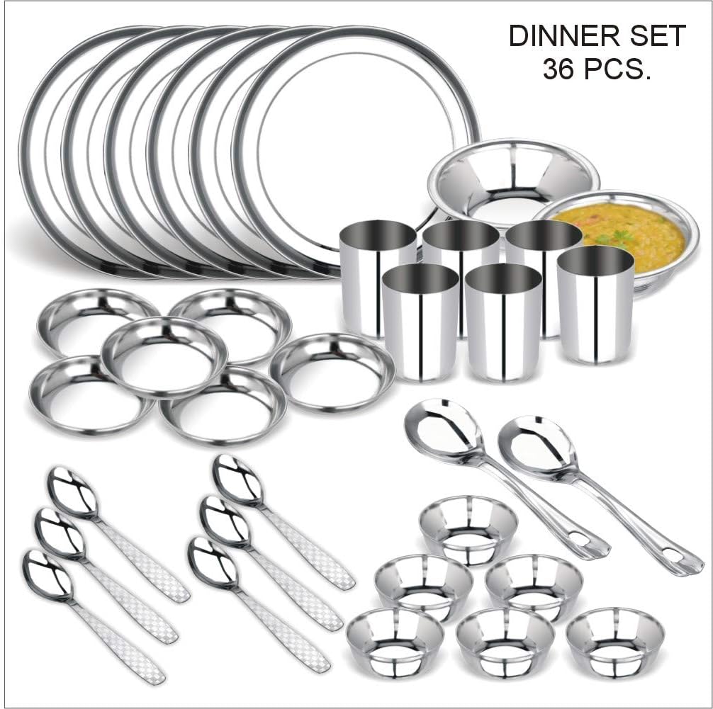 Abode Sober Stainless Steel Dinnerware Set, 36 Pieces, Plain