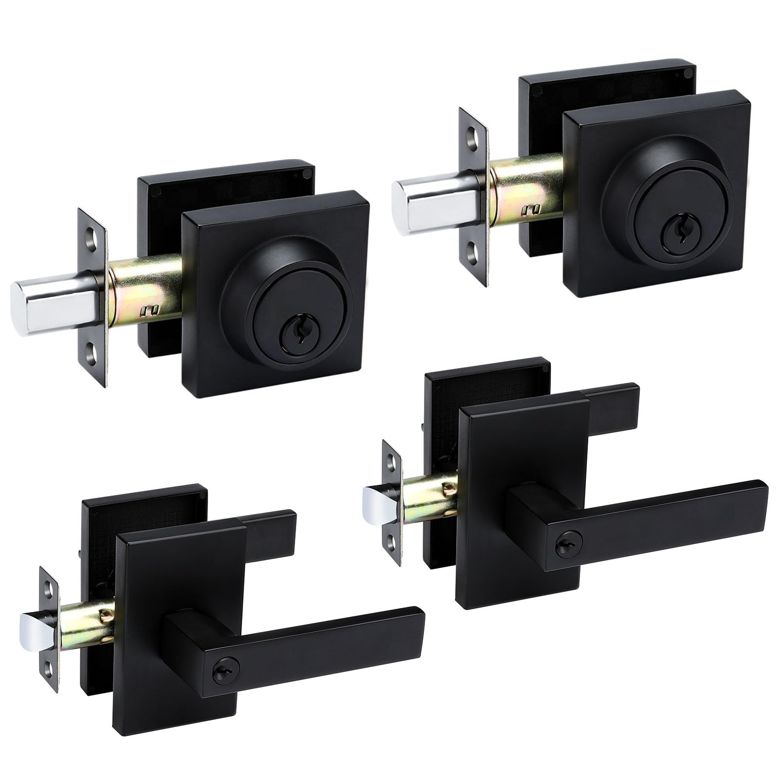 Photo 1 of Black Exterior Door Lock Set, Front Door Lock Set with Deadbolt, Square Contemporary Matte Black Front Door Lock Sets, Heavy Duty Zinc-alloyed Exterior Door Handle (2 Pack)