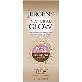 Jergens Natural Glow Self Tanner Face Moisturizer with SPF 20 Facial Sunscreen, Medium to Deep Skin Tone, Sunless Tanning, Oil Free, Broad Spectrum Protection UVA and UVB, 2 oz (Packaging May Vary)