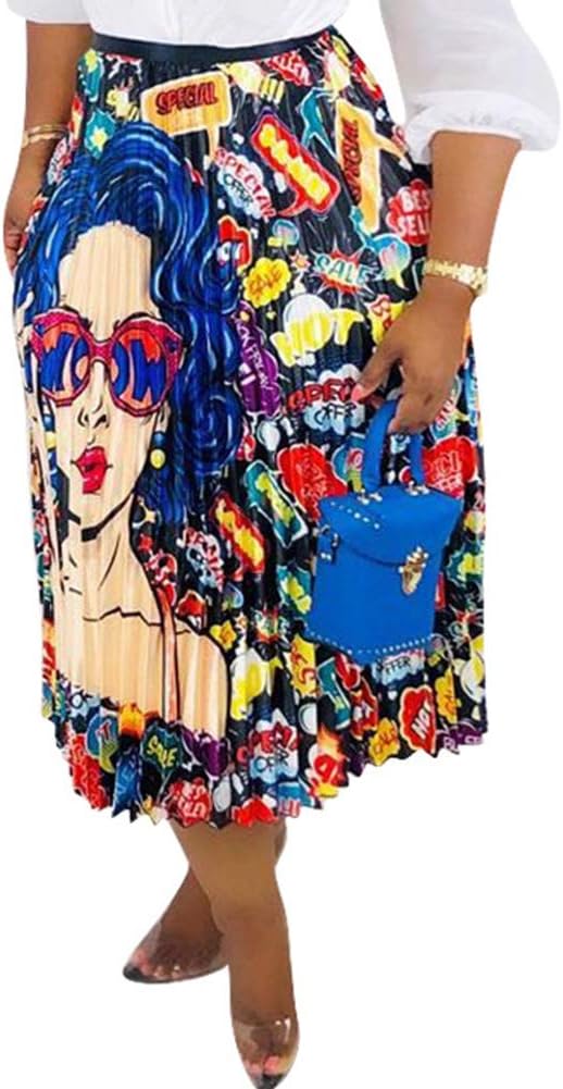 Women Color Block Graffiti Letter Print A Line Maxi Long Party Skirt